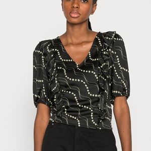 Pieces floral ruffle short sleeve vneck blouse - black